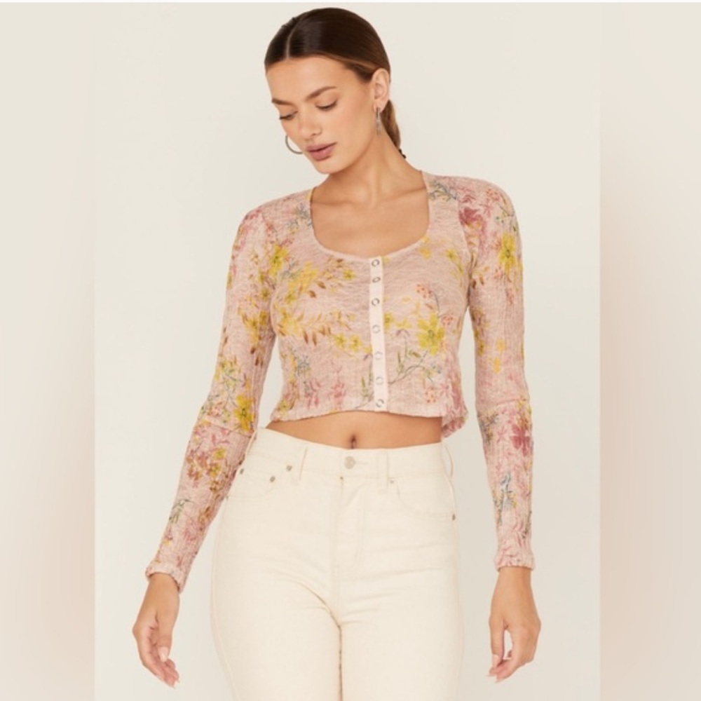 Free People Angelina Floral Long Sleeve Top in Light Combo Retail $78